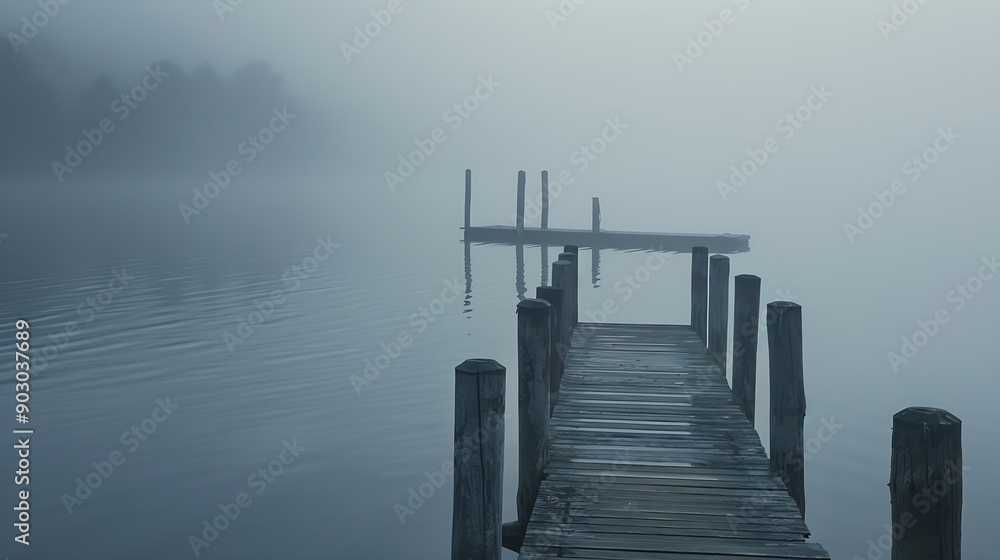 Obraz premium Jetty at the lake in the fog Misty landscape in the morning Idyllic nature by the water Rest and relaxation : Generative AI
