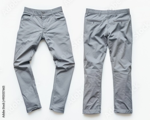 Chinos Garment. Modern Gray Clothing Fabric Pants Folded Leg on White Background