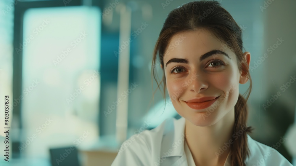 Smiling dietitian woman looking at camera sitting at hospital workplace Nutrition diet and professional healthcare worker concept : Generative AI Smiling dietitian woman looking at camera sitting at hospital workplace Nutrition diet and professional healthcare worker concept : Generative AI
