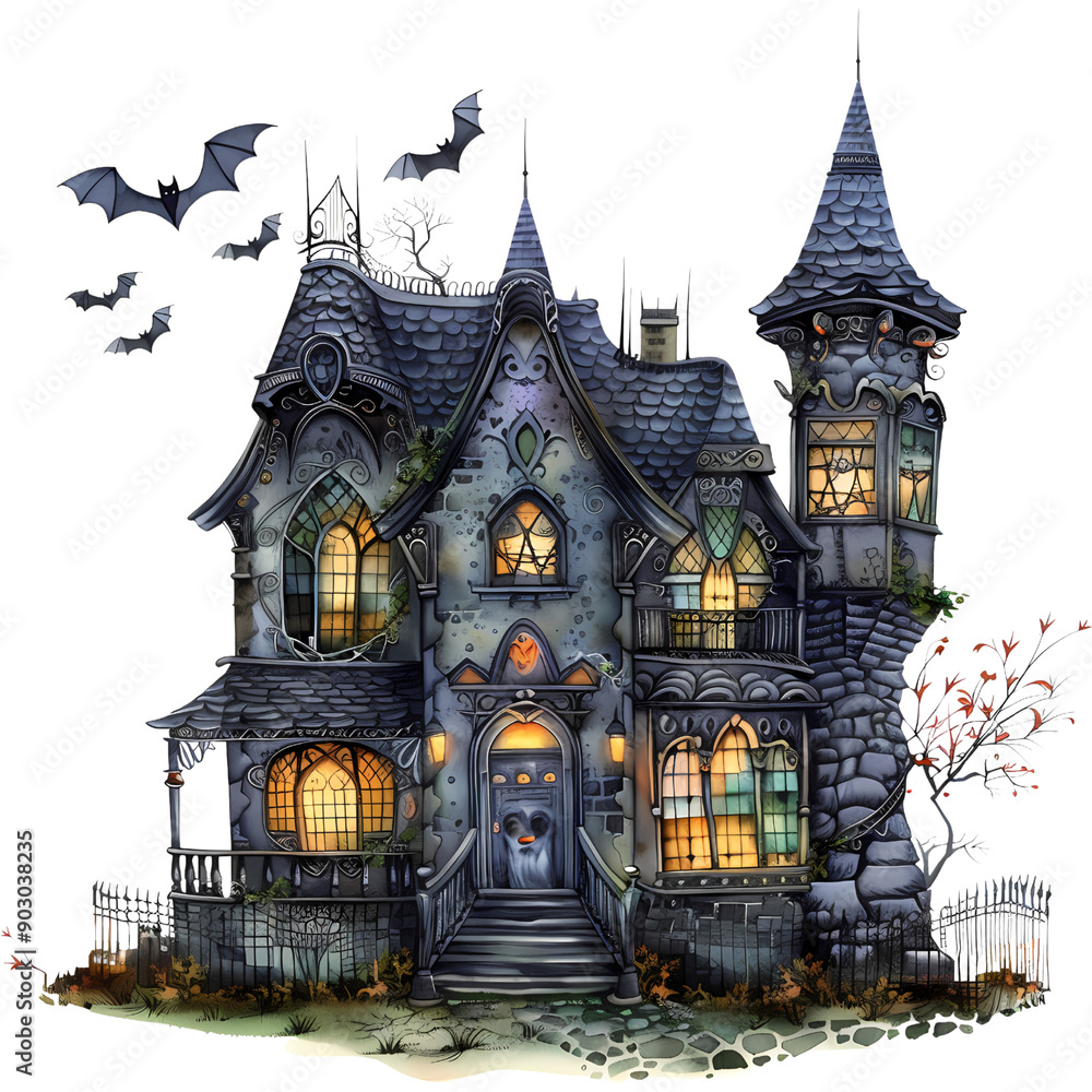 Haunted House, Halloween Party Watercolor Illustration on a Transparent Background, Halloween Festival Haunted House, Halloween Party Watercolor Illustration on a Transparent Background, Halloween Festival