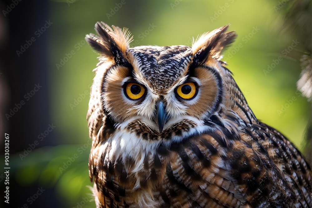 Close-up of a Great Spotted Owl on a black background. Detail bubo bubo. Owl on the background. head and eyes bird head yellow and brown eyes predator animal Close-up of a Great Spotted Owl on a black background. Detail bubo bubo. Owl on the background. head and eyes bird head yellow and brown eyes predator animal