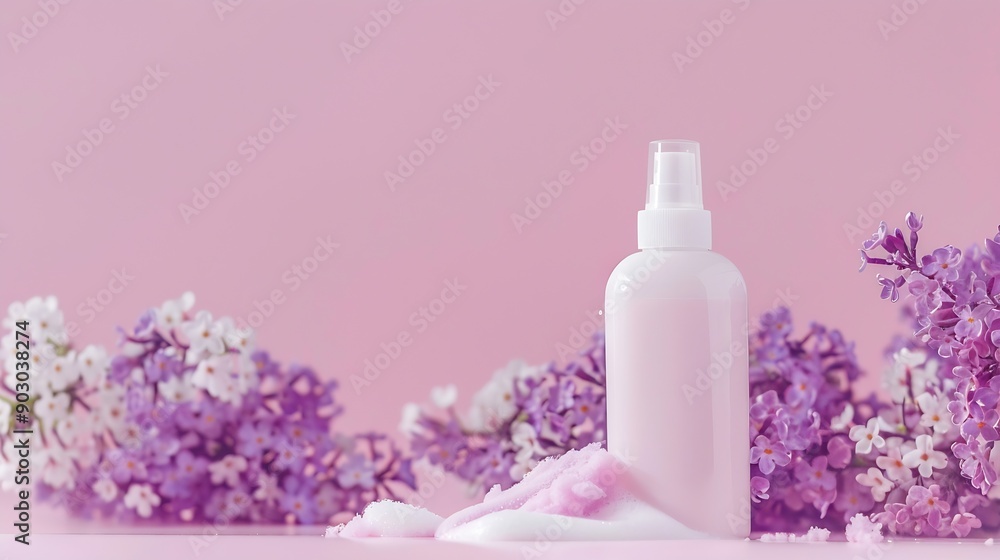 Bottle of skin care cosmetic product with foam on lilac background : Generative AI Bottle of skin care cosmetic product with foam on lilac background : Generative AI