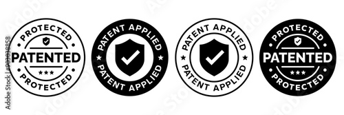 Patented Protected, Technology, Intellectual Property, Patent Applied logo, badge, icon, sticker, label, emblem, stamp, symbol, black, line circle, flat vector, isolated illustration.