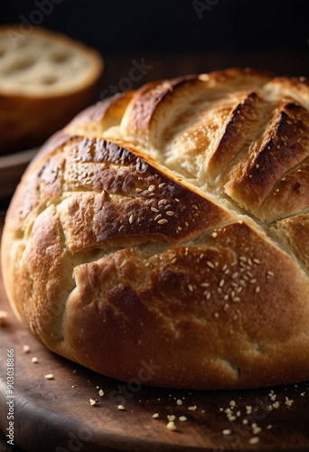 Beautifully crafted round loaf of bread emerges from oven, its golden crust glistening with sesame seeds. Warm inviting bread sits on wooden board, radiating comforting aroma that fills rustic kitchen