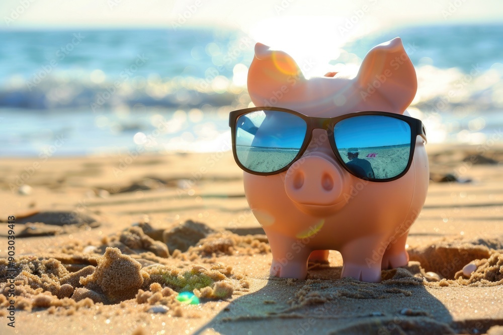 Obraz premium Tax Vacation. Beach Scene with Baby Piggy Bank Wearing Sunglasses