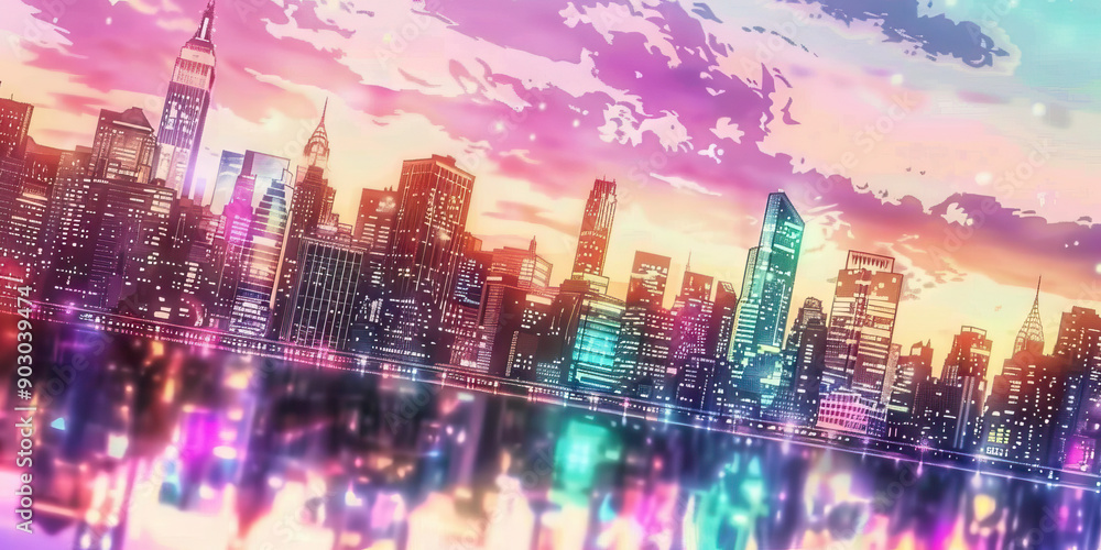 Obraz premium New York State of Mind: The Hudson River flows serenely past the iconic skyline, reflecting the city's towering buildings.