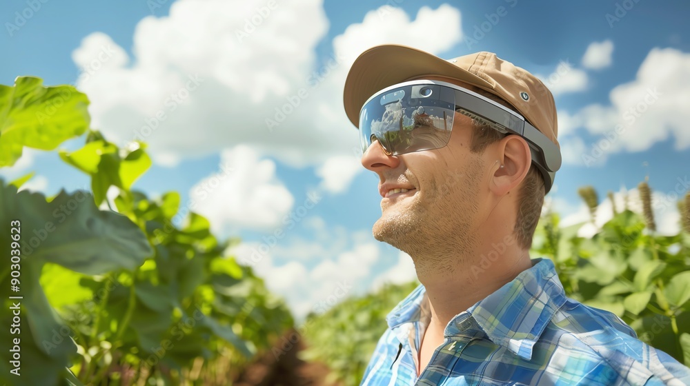 Augmented reality in agriculture, with a farmer using smart glasses in the field Augmented reality in agriculture, with a farmer using smart glasses in the field