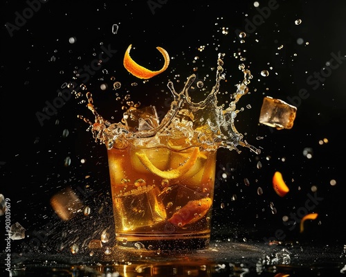 Whiskey Splash Cocktail with Orange Zest and Ice Falling on Black Background photo