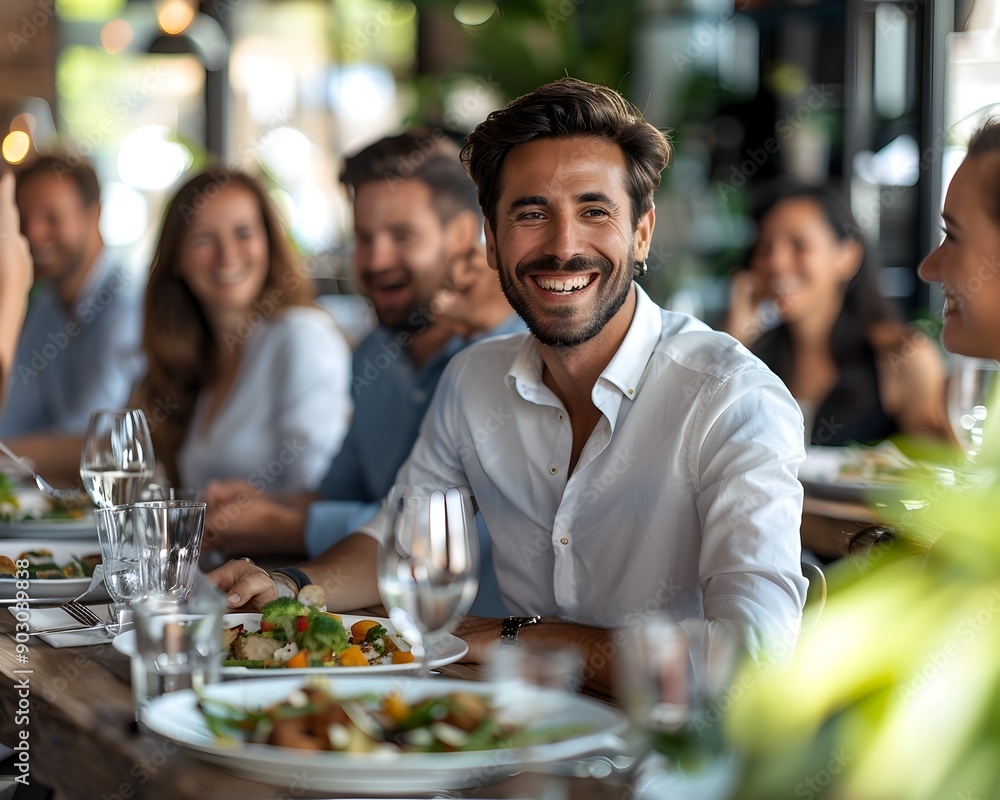 Joyful Team Lunch in Relaxed Restaurant Setting Joyful Team Lunch in Relaxed Restaurant Setting