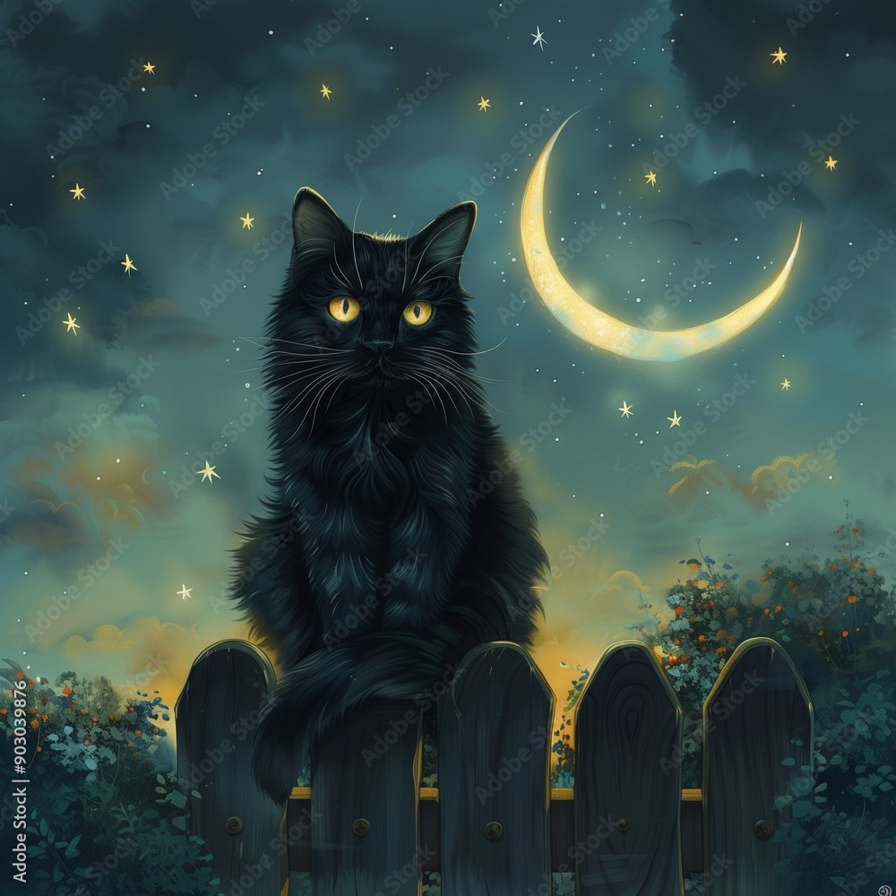 Fototapeta premium Black Cat on Fence Under Crescent Moon and Starry Sky, Mystical Halloween Night Illustration, Enchanting and Spooky Scene. Beautiful and Mysterious Artwork