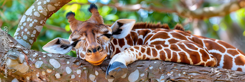 Adorable Giraffe Resting on Tree Branch in Natural Habitat - Close-up Wildlife Scene