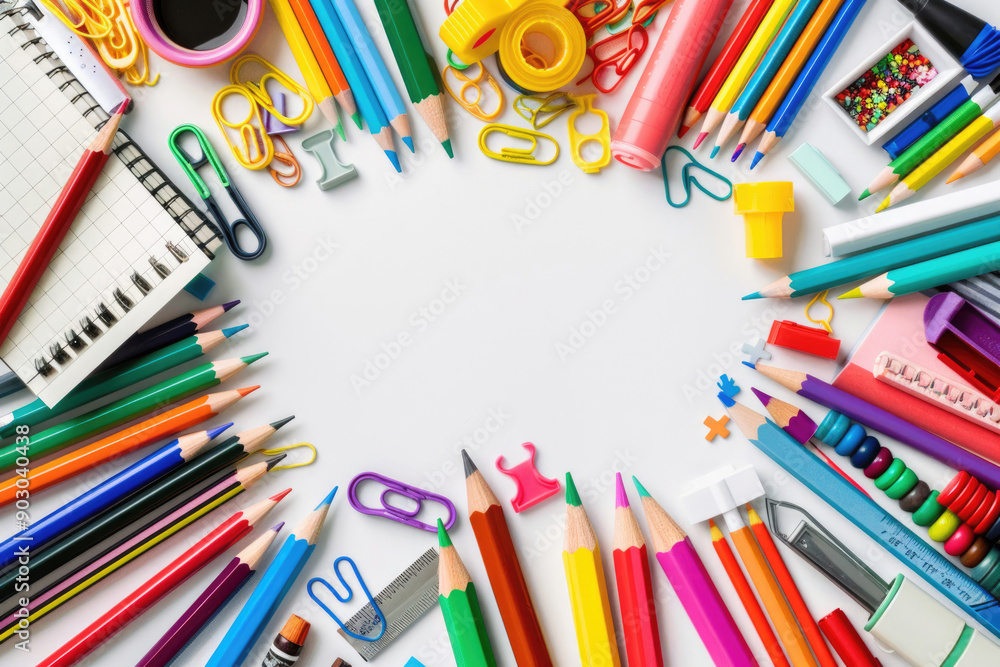Obraz premium A clean white background with colorful school supplies around the edges.
