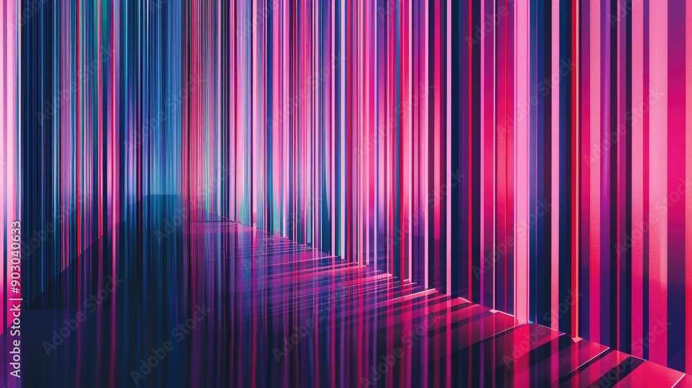 Fototapeta premium Vertical lines creating a barcode-like pattern with a gradient of blue and pink hues