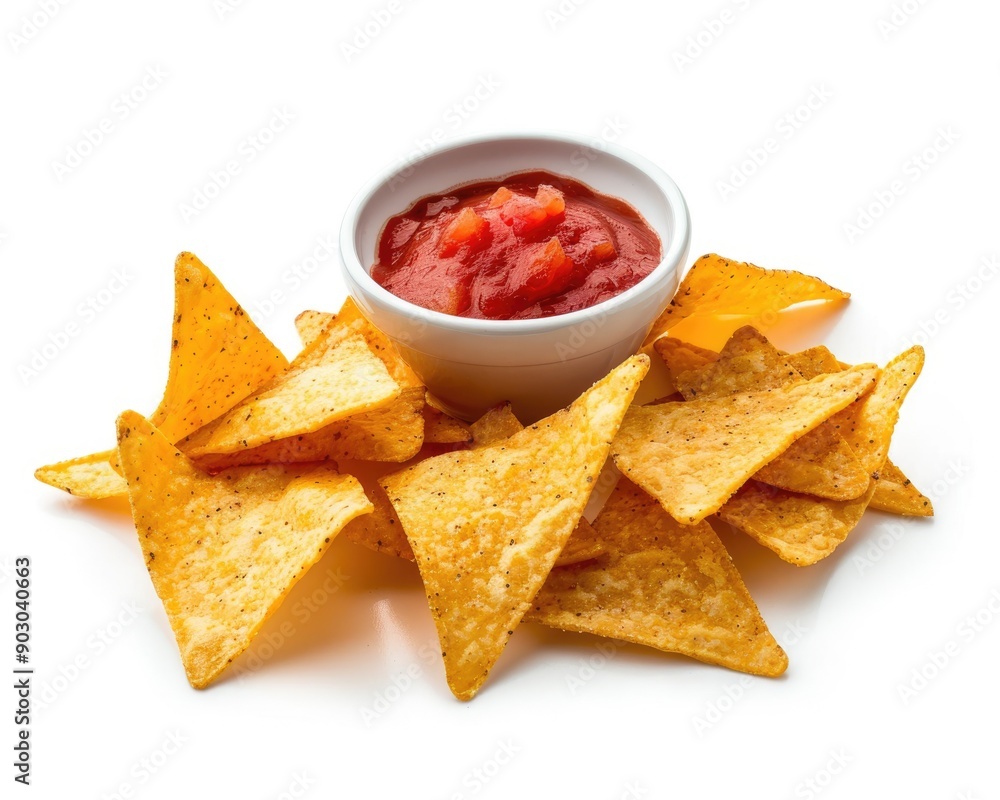 Chips And Salsa Isolated. Nachos Tortilla Chips with Mexican Salsa on White Background Chips And Salsa Isolated. Nachos Tortilla Chips with Mexican Salsa on White Background