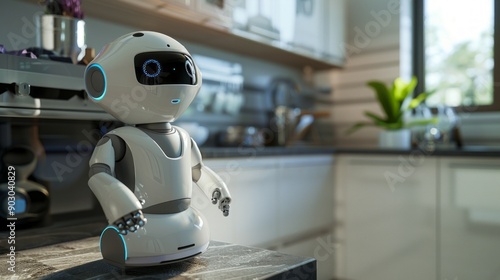 Detailed view of an AI-powered personal assistant robot helping with household chores, the robot's design and the organized environment emphasize the practical applications of AI in everyday tasks, photo