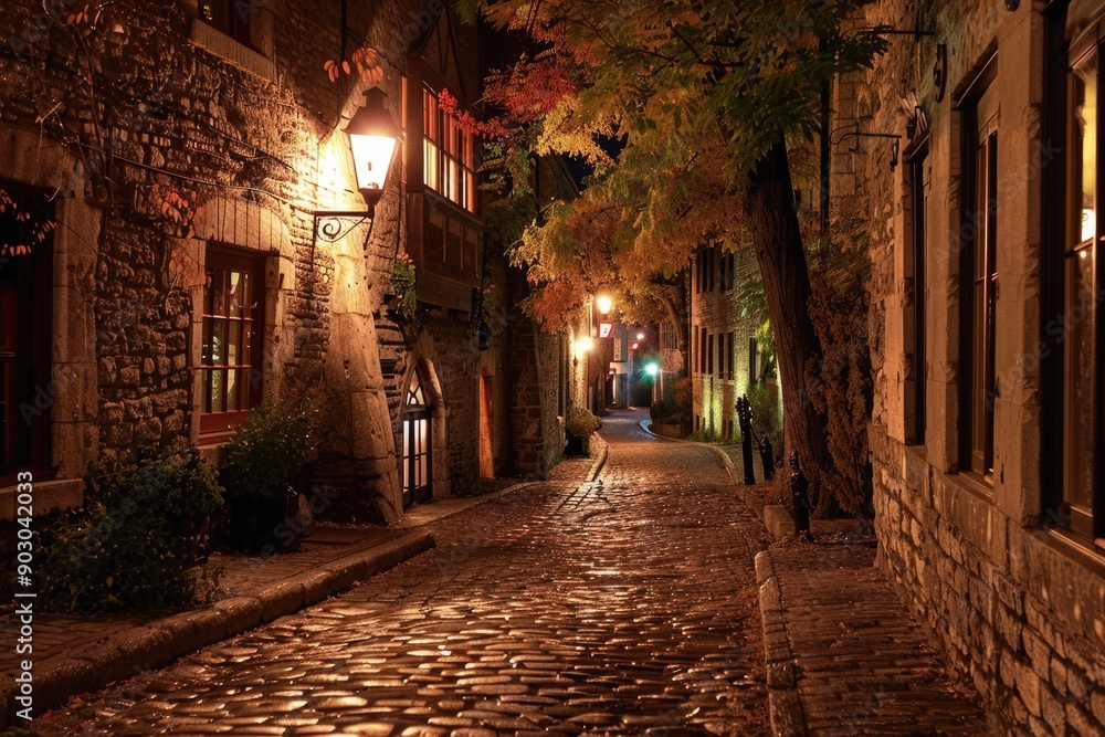 Fototapeta premium French Canadian Arch at Night: historic Quebec stone rampart, an iconic fortification in America