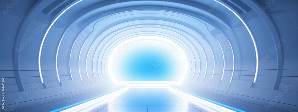 Obraz premium Futuristic White Tunnel with Glowing Blue Lights, Sleek and Modern Design, Sci-Fi Backgrounds and High-Tech Concept Art