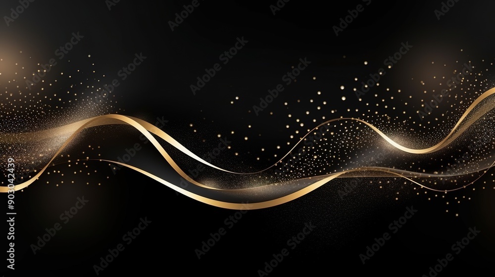 Abstract black background with gold wavy lines and sparkle effect. Abstract black background with gold wavy lines and sparkle effect.