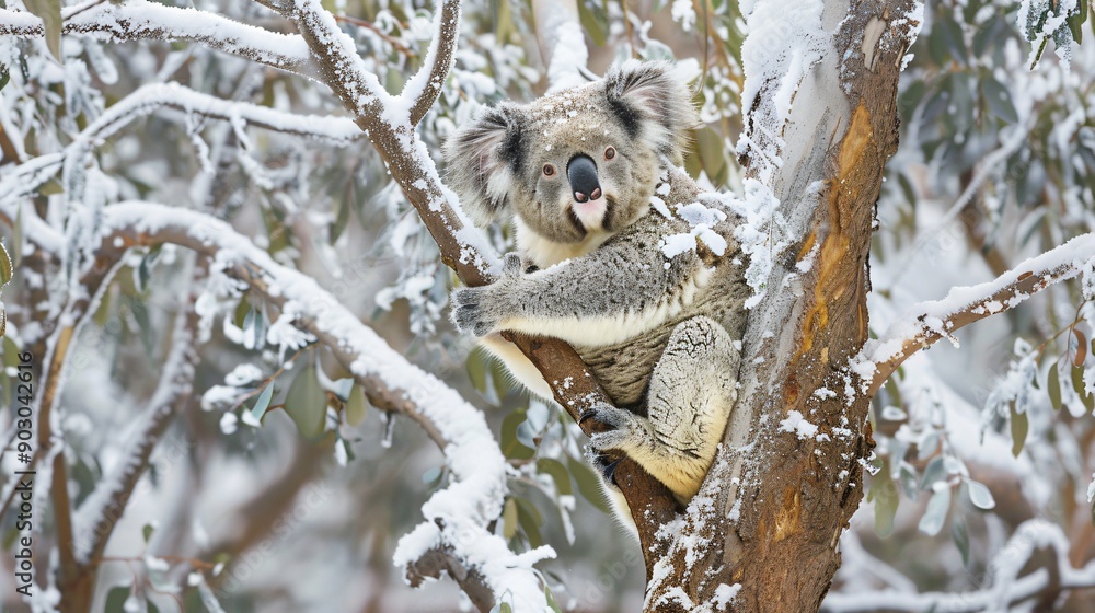 A koala in a tree with a light dusting of snow or frost, showcasing a rare winter scene A koala in a tree with a light dusting of snow or frost, showcasing a rare winter scene