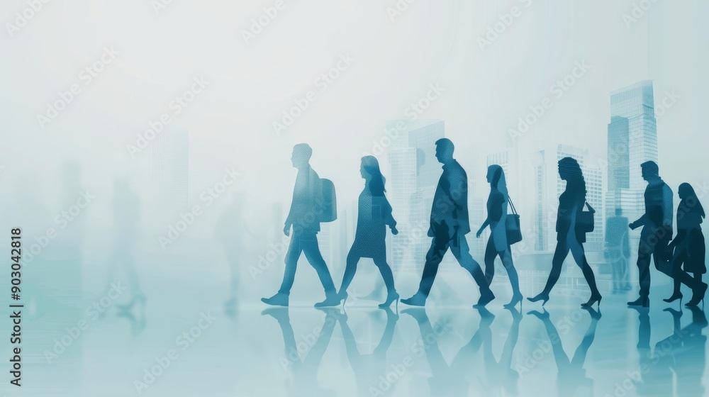 Team of professionals walking through a hazy urban setting, symbolizing resilience and teamwork, Surreal, Blue tones, High-resolution Team of professionals walking through a hazy urban setting, symbolizing resilience and teamwork, Surreal, Blue tones, High-resolution