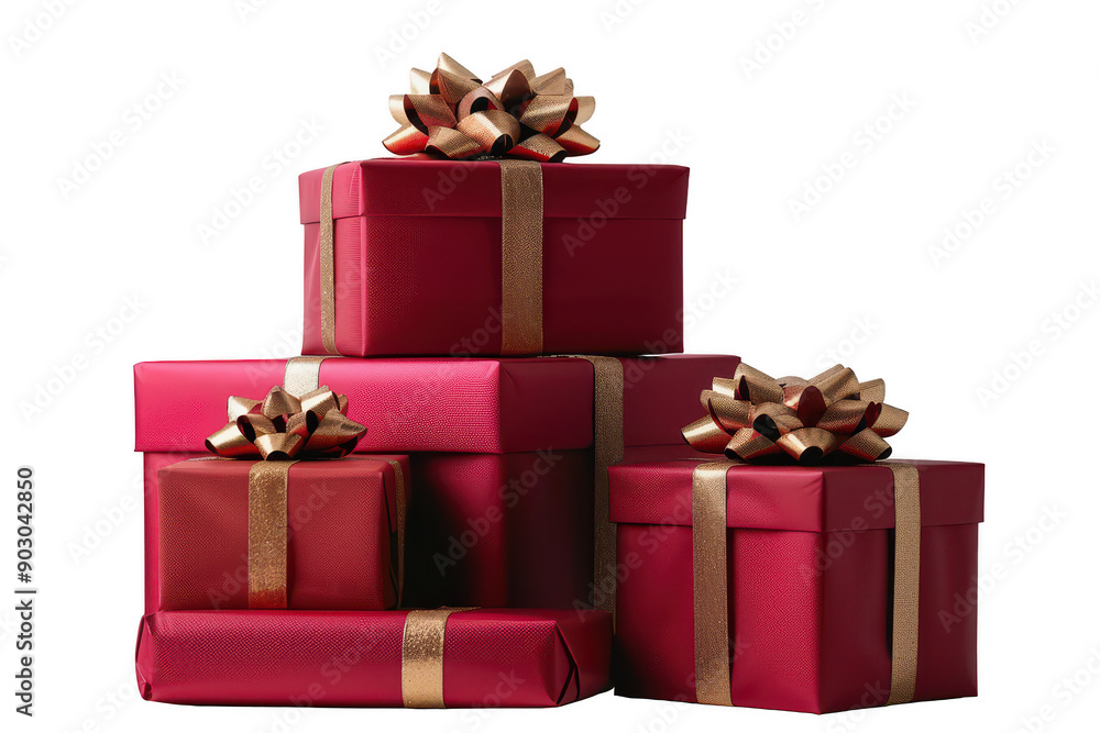 Festive Red Gift Boxes with Golden Ribbons Isolated on White Background Festive Red Gift Boxes with Golden Ribbons Isolated on White Background