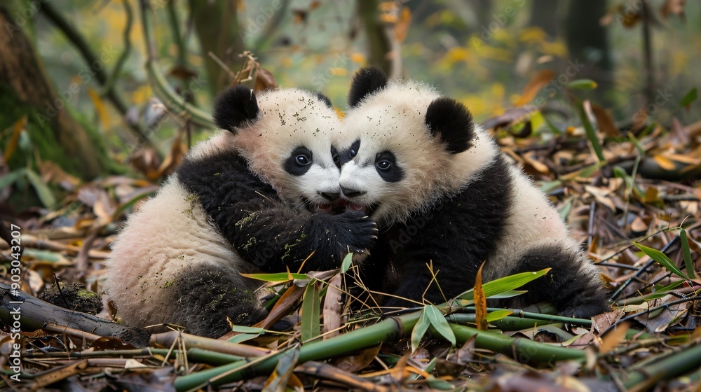 Obraz premium Two panda cubs engaging in playful wrestling, surrounded by fallen bamboo leaves and branches