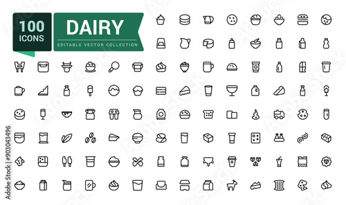Dairy icons set. Outline set of dairy vector icons for ui design. Outline icons pack. Editable vector line icon set and illustration for web and UI application.