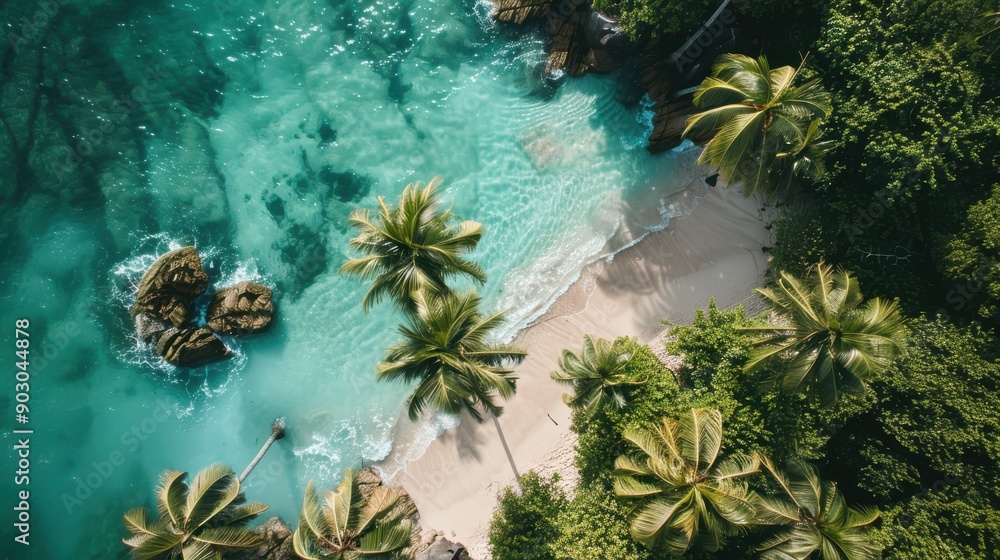 Obraz premium A lush tropical beach with crystal-clear waters and swaying palm trees, creating a dreamy and beautiful vacation vibe