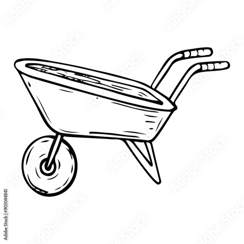 Garden wheelbarrow hand drawn in doodle style. A tool for transporting heavy loads during gardening or construction work. Vector line art illustration.
