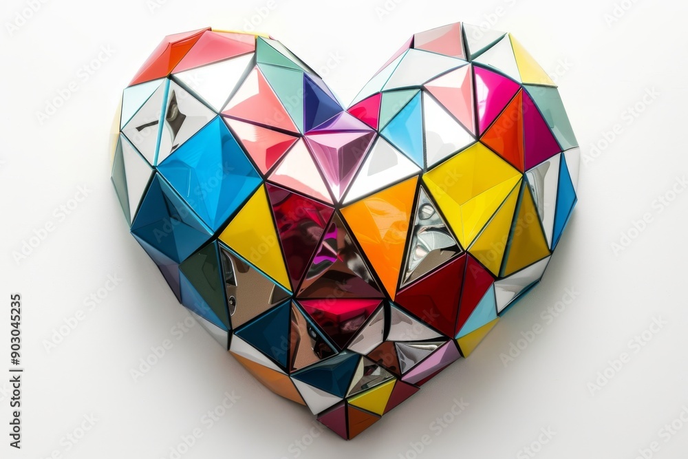 A captivating 3D heart sculpture crafted from an array of colorful geometric shapes, creating an eye-catching display against a pure white surface. A captivating 3D heart sculpture crafted from an array of colorful geometric shapes, creating an eye-catching display against a pure white surface.