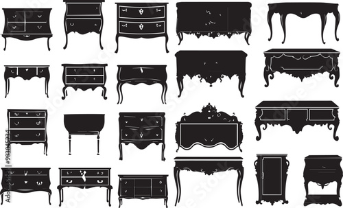 Antique Table Flat Black Silhouette Vector Art Bundle