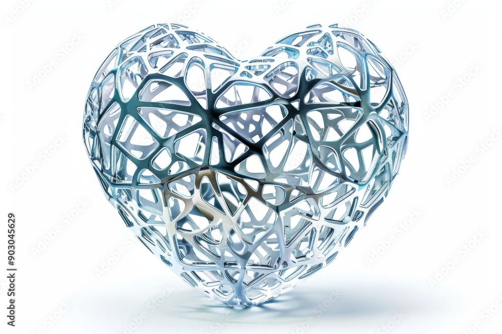 A captivating heart shape intricately constructed from various 3D geometric forms on a clean, white background A captivating heart shape intricately constructed from various 3D geometric forms on a clean, white background