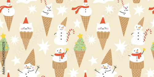 Seamless Christmas pattern with Cute ice cream snowmen in waffle cones.  Hand drawn vector illustration. Funny xmas background, wrapping paper.