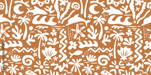 Seamless pattern with ink doodle abstract flowers, palm trees and fish. Trendy tropical background. Hand drawn vector illustration. Boho, beach, jungle wallpaper.