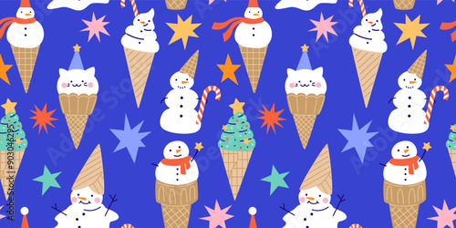 Seamless Christmas pattern with Cute ice cream snowmen in waffle cones.  Hand drawn vector illustration. Funny xmas background, wrapping paper.
