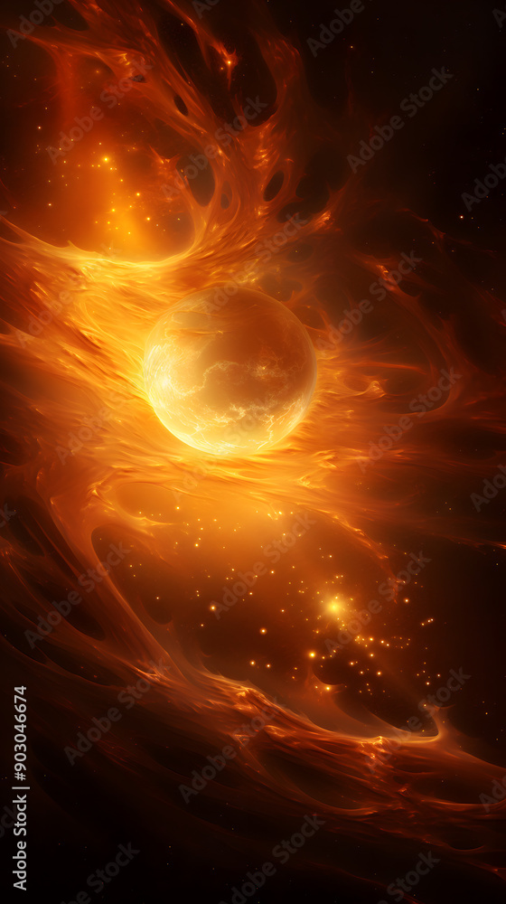 Fototapeta premium A fiery orange nebula surrounds a bright, glowing planet in the vast expanse of space, with countless stars twinkling in the background.