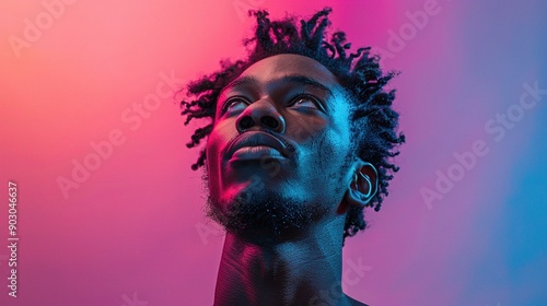 Neon Dream: A young man with dreadlocks gazes upwards, bathed in vibrant pink and blue neon light. 