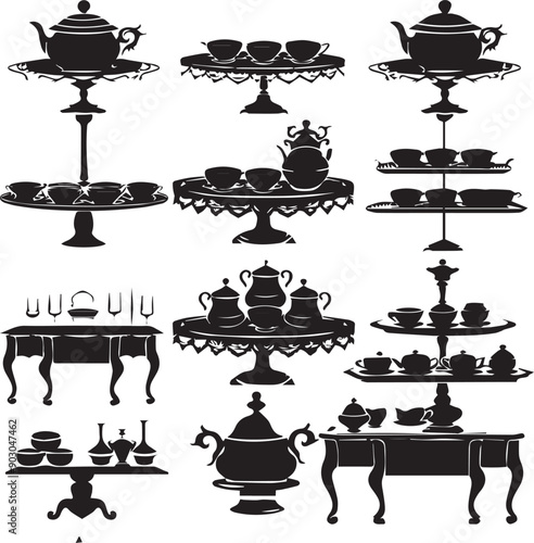 Tea Stand Dark Silhouette Shapes Vector Set