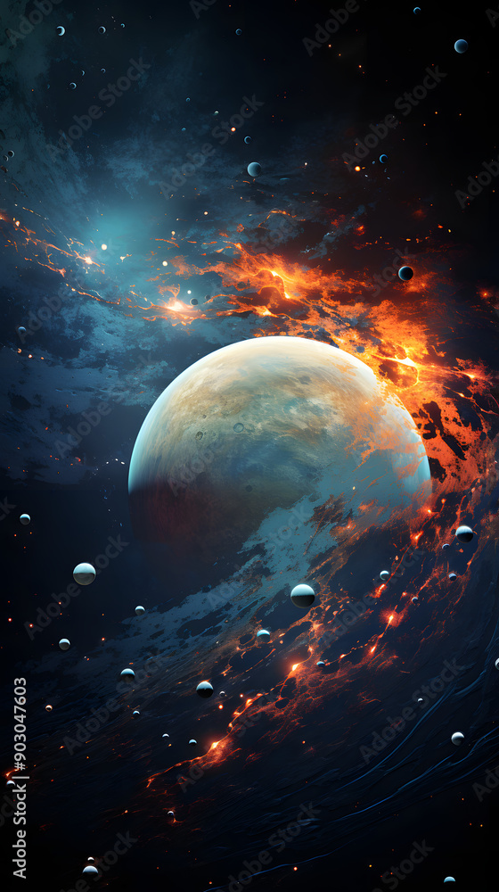 A solitary planet orbits in a swirling nebula, with glowing orange and blue gas and scattered asteroids. A solitary planet orbits in a swirling nebula, with glowing orange and blue gas and scattered asteroids.