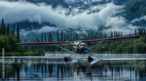 Bush Plane Flying over Alaskan Waters: An Airborne Adventure in the Clouds photo