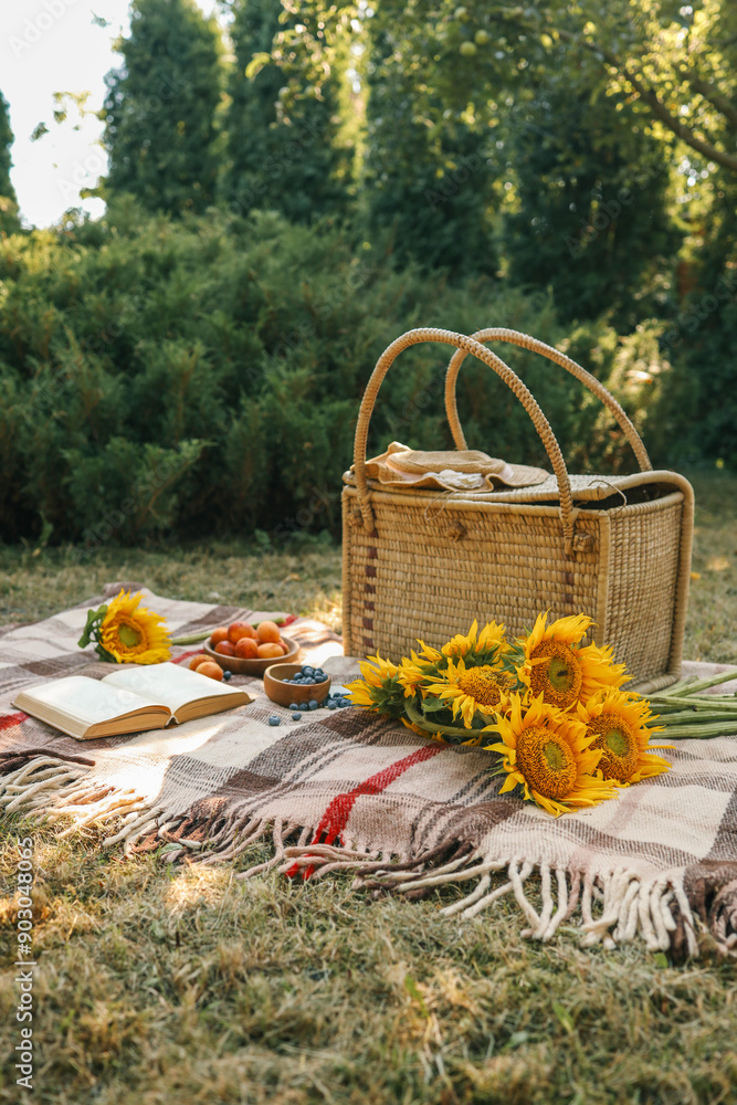 Picnic basket, book and sunflowers in the garden, summer mood Picnic basket, book and sunflowers in the garden, summer mood