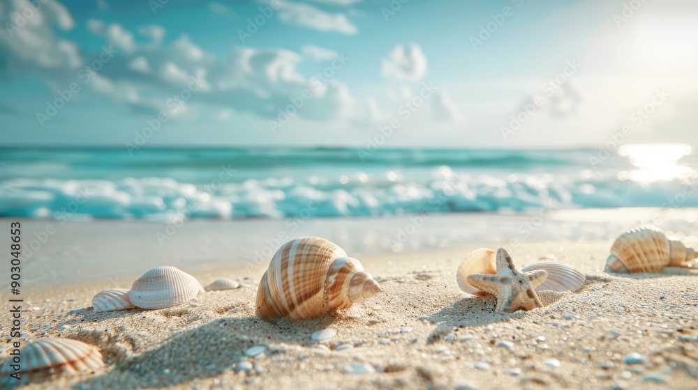 A peaceful beach scene with seashells scattered across the sand and a calm ocean horizon, providing a soothing and natural backdrop A peaceful beach scene with seashells scattered across the sand and a calm ocean horizon, providing a soothing and natural backdrop