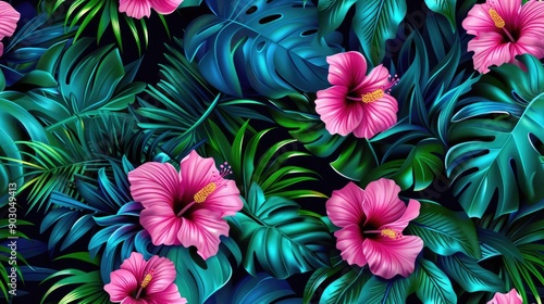 A vibrant pattern of pink hibiscus flowers 