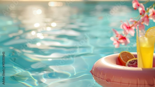 Poolside with a rubber ring and refreshing drinks, leisure and relaxation concept photo