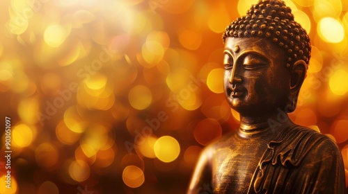 A serene Buddha statue with a golden background, glowing brightly and radiating peace, ideal for spiritual and meditation themes. © sa-photo