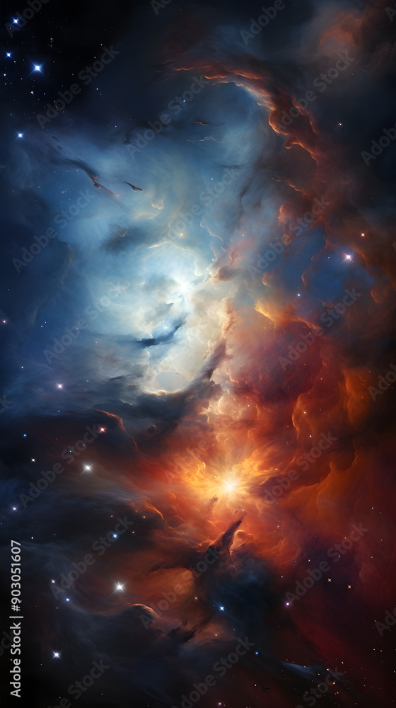 A stunning view of a nebula with vibrant red and blue hues, illuminated by a bright star. Scattered stars add to the cosmic spectacle. A stunning view of a nebula with vibrant red and blue hues, illuminated by a bright star. Scattered stars add to the cosmic spectacle.