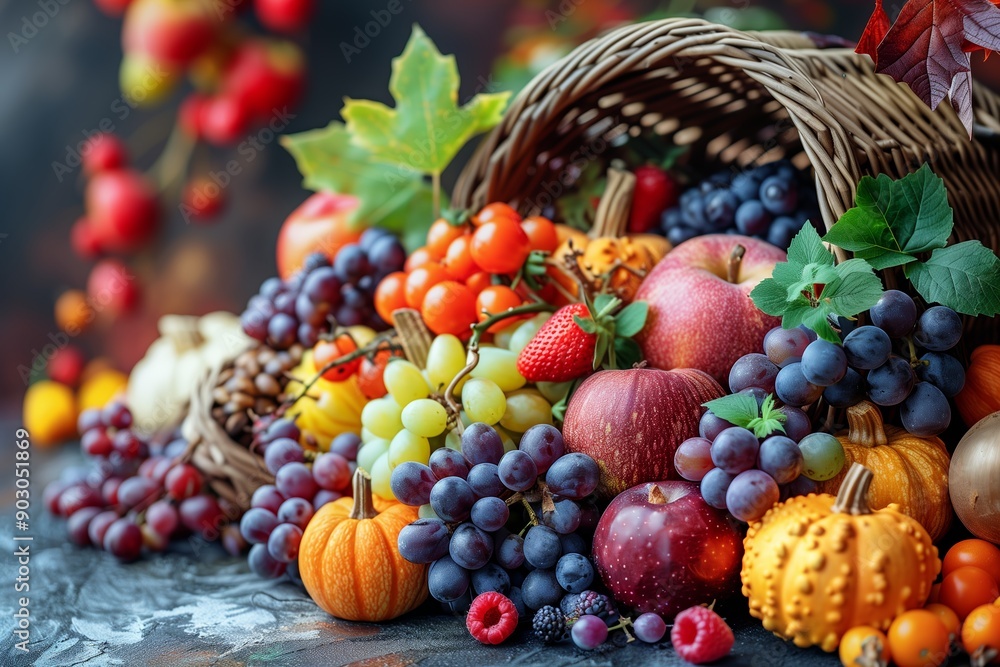 Vibrant Autumn Harvest Display of Fruits and Vegetables in a Rustic Setting Vibrant Autumn Harvest Display of Fruits and Vegetables in a Rustic Setting