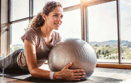 Fitness, Jolie femme allongée souriante,  qui tient un gros ballon de yoga, ou ballon de gymnastique entre ses mains  