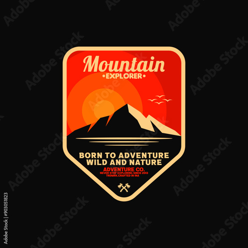 vintage retro classic of sun sunrise sunset island mountain hills peaks rocky ice top mount landscape nature view silhouette with pentagon shield protect label badge emblem patch logo design idea