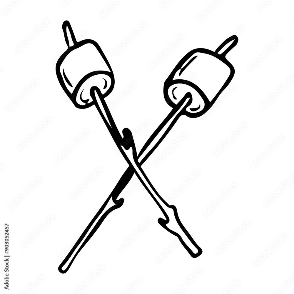 Marshmallows on sticks for roasting on a fire hand drawn in doodle style. Camping sweet food. Vector line art illustration. Marshmallows on sticks for roasting on a fire hand drawn in doodle style. Camping sweet food. Vector line art illustration.